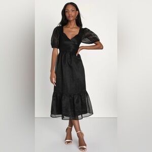Lulus Celebratory Moment Black Surplice Puff Sleeve Midi Dress